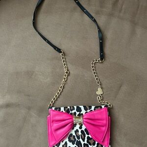 Betsey Johnson Pink and Brown Crossbody Bag with Bow